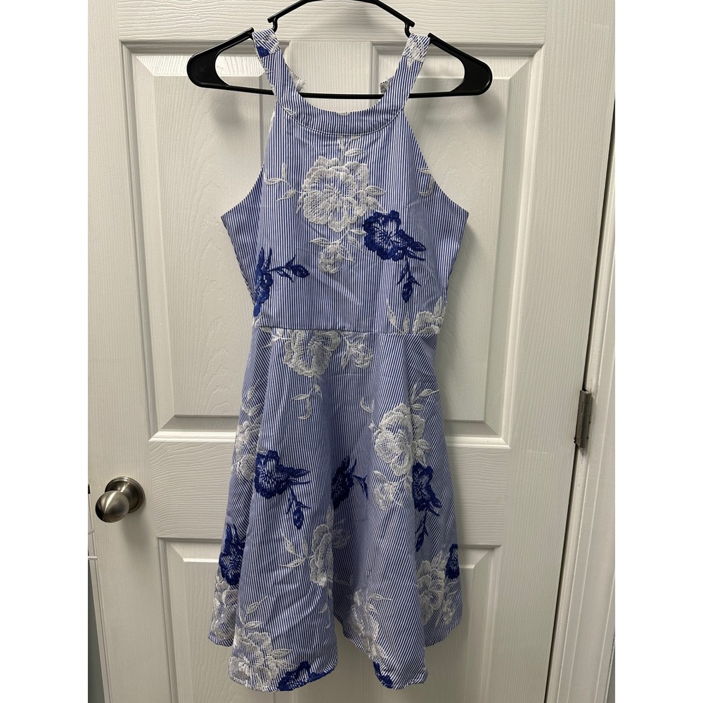 Rare Editions Blue White Striped Flower Embroidered Dress Size 16 Damaged As Is